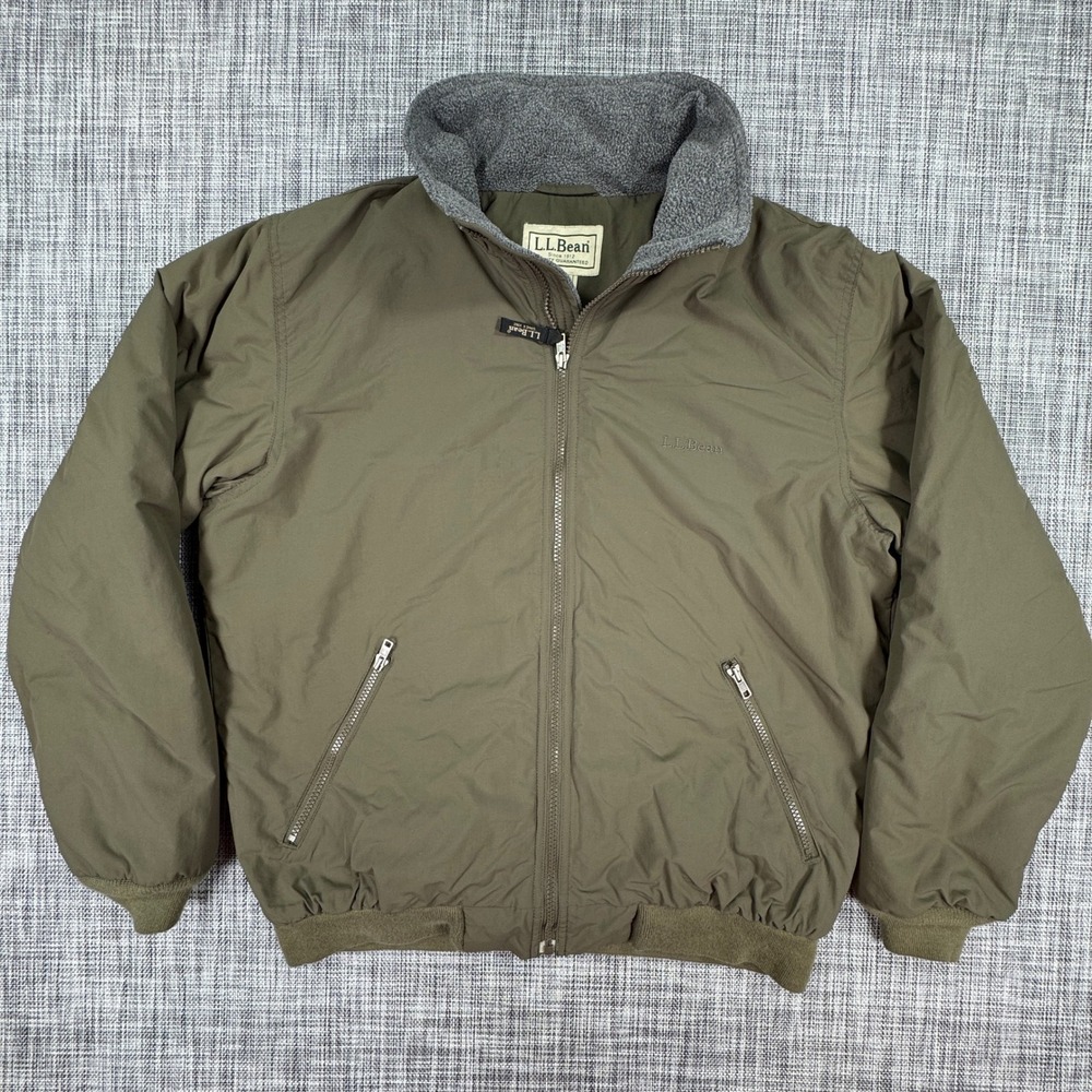 LL Bean Mens Medium Warm Up Jacket Olive Nylon Fleece Lined Bomber Full Zip